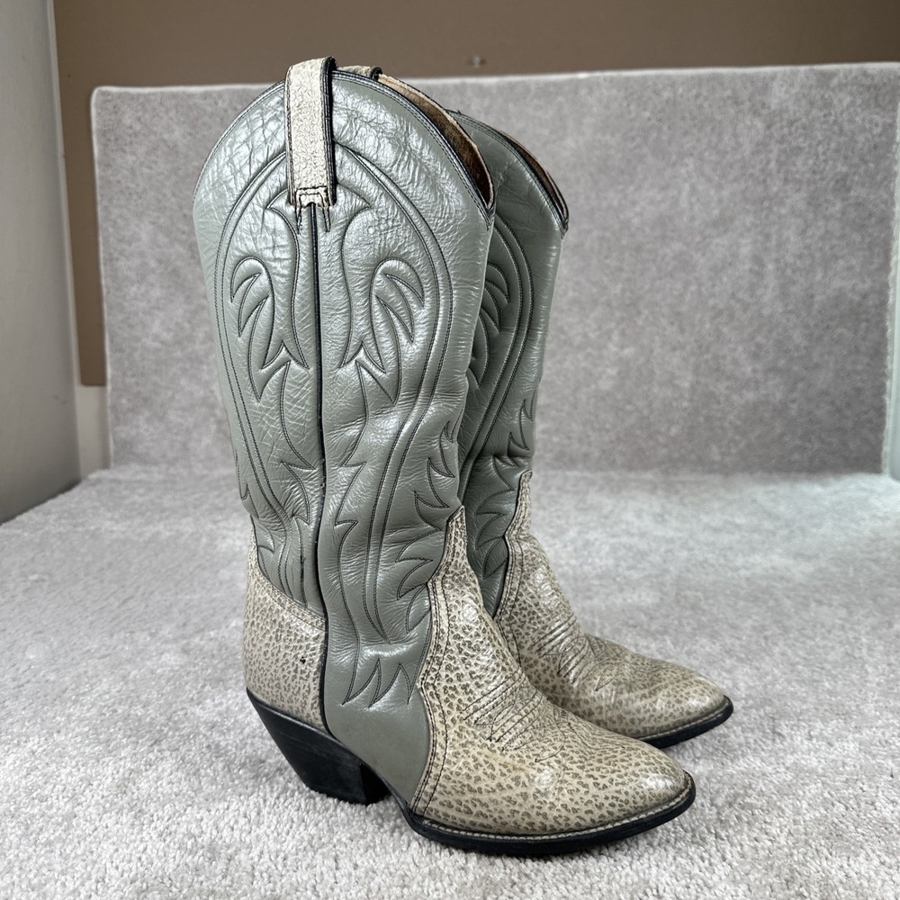 Rudel Men's Beige Gray Leather Western Cowboy Boots Size 7 Pointed Toe Pull-On
